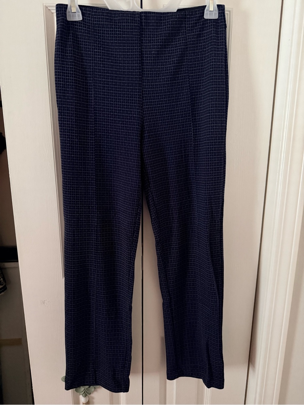 Lysse New York M Navy Micro Check Pull On Shaping Stretch Straight Leg Pants